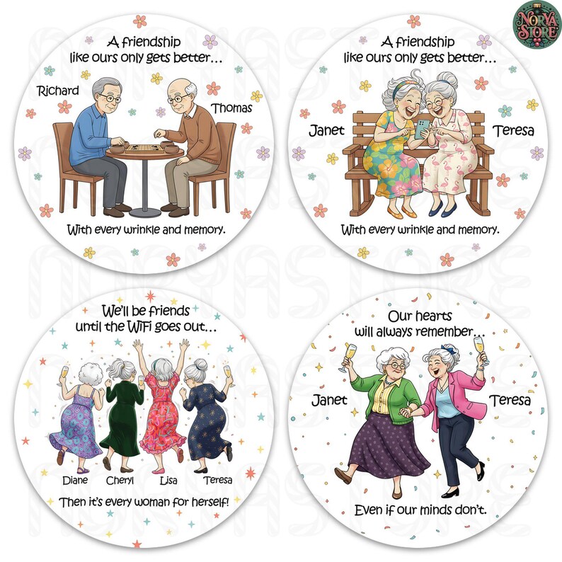 May include: Four round coasters with illustrations of elderly people. One shows two men playing a game, another two women looking at a phone, a third four women dancing, and the last two women toasting. Each coaster has a different quote.