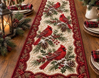 Red Cardinal Quilted Table Runner, Winter Pine Table Decor, 3D Cardinal Dining Table Runner, Christmas Home Kitchen Decor, Bird Lover Gift
