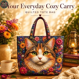 May include: A quilted tote bag featuring a central portrait of a tabby cat surrounded by a vibrant, multi-coloured floral pattern. The bag has two top handles and displays the text Your Everyday Cozy Carry and QUILTED TOTE BAG.