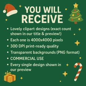 May include: A green background with the text "YOU WILL RECEIVE" in white. The image includes Christmas-themed clipart such as a Santa hat, Christmas tree, candy cane, gift box, and stars. The text lists features of the clipart designs.