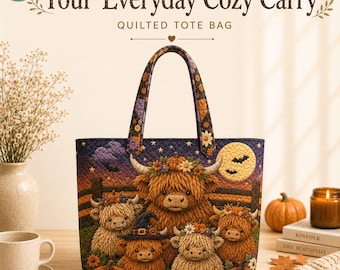 Personalized Highland Cow Quilted Tote Bag, Custom Name Cattle Tote Bag, Halloween Cow Bag, Farmhouse Quilted Bag, Pumpkin Cow Gift Bag