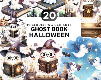 Pacote com mais de 20 imagens de fantasmas leitores, incluindo imagens PNG de fantasmas fofos, fantasmas lendo, fantasmas na biblioteca e amantes de livros.