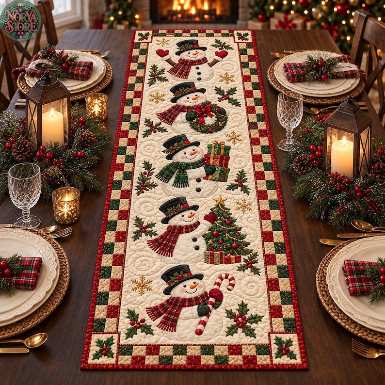 Top Table Table Runners Christmas Snowman Cheer Quilted Table Runner, Holly Berry Table Decor ...
