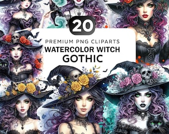 20+ Watercolor Gothic Witch Clipart Bundle, Halloween Witch Png, Halloween Clipart, Dark Witches Png, Spooky Clipart, Witch Png