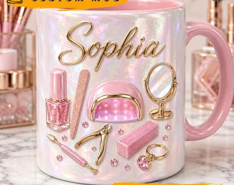 Custom Name Nail Salon Mug, Pink Manicure Tools Coffee Mug, Personalized Beauty Mug, Girly Glam Vibe Design, Nail Polish Glam Gift