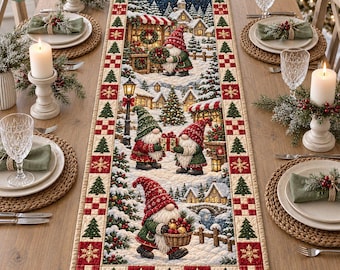 Gnome Noel Quilted Table Runner, Christmas Snowy Cabin Table Decor, 3D Snow Scene Table Runner, Nordic Holiday Decor, Christmas Lover Gift