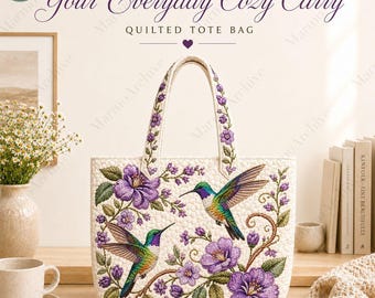 Personalized Hummingbird Quilted Tote Bag, Custom Name Purple Floral Bags, Hummingbird Lover Gift For Women, Garden Tote, Birthday Gift