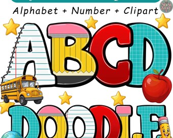 4+ School Letters Png Bundle, Apple Font Png, School Doodle Png Bundle, Teacher Alphabet Png, Pencil Paper Png, School Png