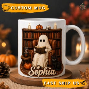 Retro Ghost Reading Mug, Cozy Reads Coffee Mug, Custom Halloween Librarian Mug, Fall Reading Companion Design, Autumn Cozy Aesthetic Gift