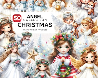 50+ Watercolor Angel Christmas Clipart Bundle, Angel With Wings Bundle Png, Festive Angel Png, Winter Angel Clipart, Commercial Use