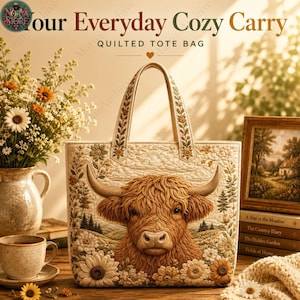 Könnte beinhalten: Eine gesteppte Tragetasche mit einer zentralen Stickerei eines Hochlandrindes, umgeben von Blumenmotiven und einer Landschaftsszene. Der Text "Your Everyday Cozy Carry" und "QUILTED TOTE BAG" ist in warmen, neutralen Farben über der Tasche abgedruckt.