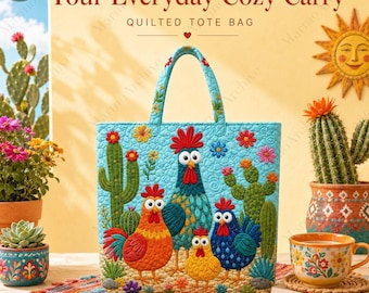 Personalized Rooster Quilted Tote Bag, Custom Name Chicken Farm Lover Gift, Floral Cactus Canvas Bag, Whimsical Animal Purse