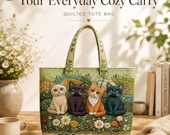 Personalized Four Cats Quilted Tote Bag, Custom Name Cat Lover Gift, Floral Garden Design Canvas Purse, Pet Lover Accessory