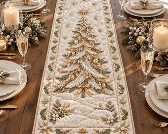 Christmas Gold Tree Quilted Table Runner, Snowy Star Table Decor, 3D Elegant Pine Table Runner, White Gold Kitchen Decor, Christmas Gift