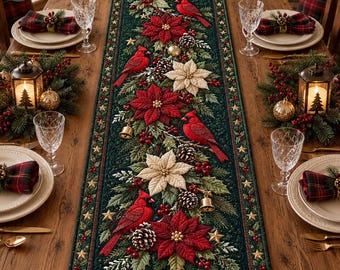 Red Cardinal Quilted Table Runner, Christmas Table Decor, 3D Floral Dining Table Runner, Festive Home Kitchen Decor, Bird Lover Gift