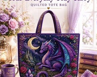 Purple Dragon Quilted Tote Bag, Fantasy Dragon Lover Bags, Dragon Lover Gift For Women, Moon Castle Dragon Tote, Magical Birthday Gift Idea