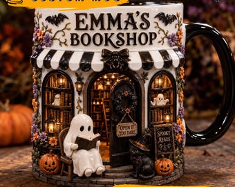 Bookshop Personalization Mug, Spooky Reads Coffee Mug, Custom Ghost Lover Mug, Literary Witch Aesthetic Design, Halloween Library Gift