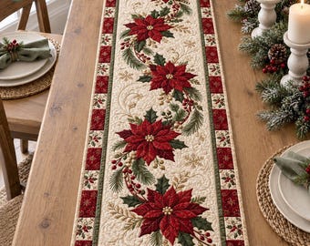 Red Poinsettia Quilted Table Runner, Holly Berry Table Decor, 3D Floral Dining Table Runner, Holiday Home Kitchen Decor, Christmas Gift