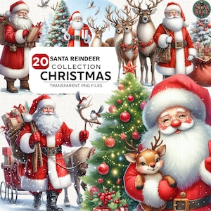 Op de afbeelding: Een digitale illustratie met de kerstman, rendieren, kerstbomen en vogels. De tekst "20 SANTA REINDEER COLLECTION CHRISTMAS TRANSPARENT PNG FILES" is inbegrepen. Het algemene thema is feestelijk en vakantiegericht.