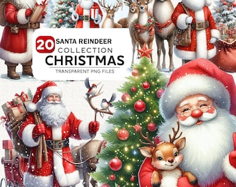 20+ Watercolor Santa With Reindeer Clipart Bundle, Christmas Bundle Png, Santa Claus Png, Christmas Reindeer Clipart, Commercial Use