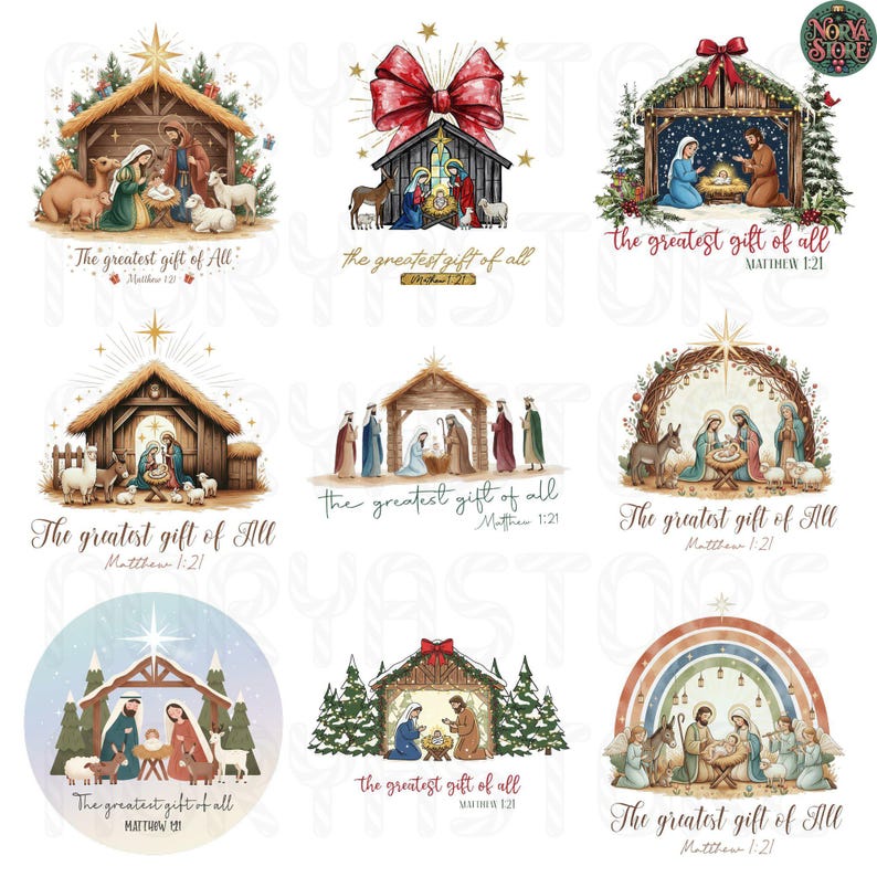 May include: A collection of watercolor illustrations depicting the Nativity scene. Each image shows Mary, Joseph, and baby Jesus in a manger, surrounded by animals and the text "The greatest gift of All" and Matthew 1:21.