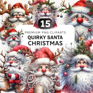 15+ Watercolor Quirky Santa Claus Clipart Bundle, Quirky Christmas Santa Png, Funny Christmas Clipart, Christmas Bundle Png, Commercial Use