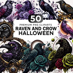 以下が含まれることがあります： 50種類のプレミアムPNGクリップアートのデジタルコレクション。ハロウィーンをテーマにした様々な設定で、装飾的なフレーム、頭蓋骨、カボチャ、紫、青緑、赤の色合いのカラフルなバラと共に描かれたカラスやワタリガラスの画像が含まれています。