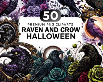 50+ Raven And Crow Clipart Bundle, Raven And Roses Png, Halloween Clipart, Dark Fantasy Png, Animal Clipart, Spooky Vibes Png