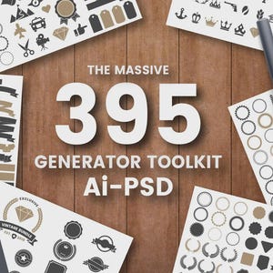 May include: A collection of design elements on paper, including badges, ribbons, and icons, arranged on a wooden surface. The text reads "THE MASSIVE 395 GENERATOR TOOLKIT Ai-PSD."