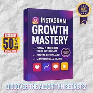 Può includere: Copertina del libro "Instagram Growth Mastery" su sfondo sfumato viola e blu. Presenta il logo di Instagram, segni di spunta e icone. Sono presenti anche un adesivo "Discount 50% Off" e un badge "Best Choice". Il testo "Discover the Algorithm Secrets!" è in basso.