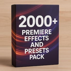 May include: A rectangular box with the text "2000+ PREMIERE EFFECTS AND PRESETS PACK" in white. The box has a dark purple background with orange and blue swirling light effects. The box is on a light brown wooden surface.