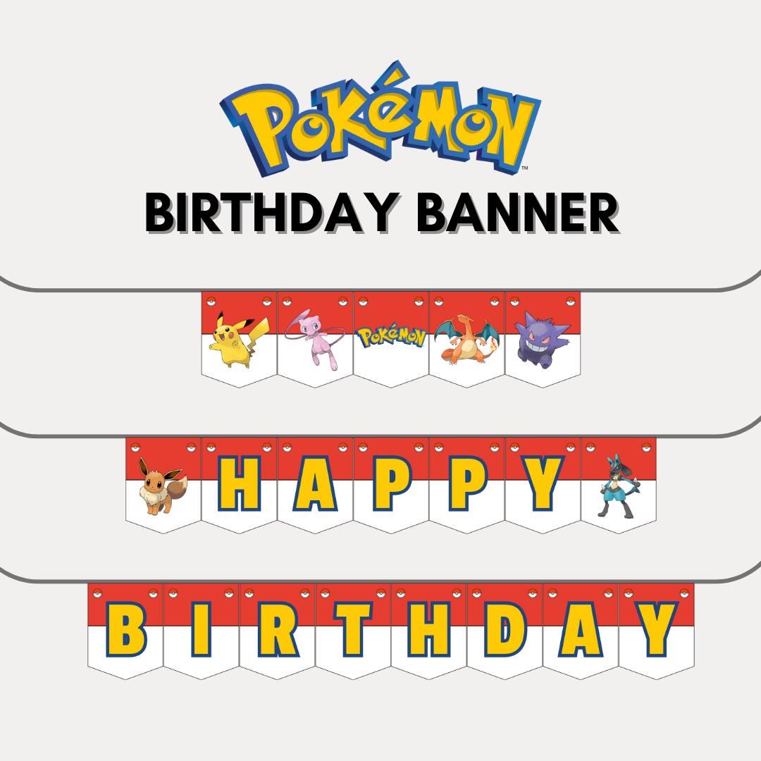 Pokemon Birthday Banner Printable, Kids Happy Birthday Flag Decoration, Party Celebration, Pikachu, Ready to Print