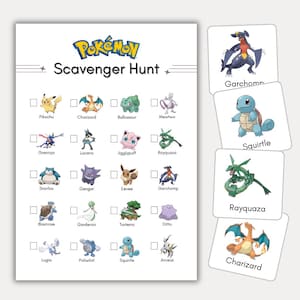 Peut inclure: Une feuille de jeu blanche Pokémon Scavenger Hunt avec un logo Pokémon coloré et des illustrations de personnages. Comprend une liste de contrôle et des cartes de personnages avec Pikachu, Charizard, etc. Une activité amusante pour les enfants.