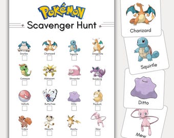 Catch 'Em All Pokemon Scavenger Hunt Fun Printable for Kids, Set of 16, Family Party Activity, Preschool Indoor Outdoor Playtime Game