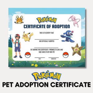 Puede incluir: Un certificado de adopción de mascotas Pokémon con un fondo de cielo azul. El certificado presenta varios personajes de Pokémon, incluido Pikachu y un entrenador. El texto dice "Certificado de Adopción" y "Certificado de Adopción de Mascotas".