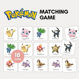 May include: A Pokémon matching game with 18 pairs of cards featuring different Pokémon characters. The cards are arranged in a grid with the names of the Pokémon printed below each card. The game is designed for children and adults.