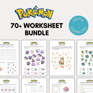 May include: A set of printable Pokémon-themed worksheets for children. The worksheets include activities such as tracing numbers, finding and counting Pokémon characters, letter hunts, and tracing shapes. The worksheets are designed to help children learn basic skills such as counting, letter recognition, and fine motor skills.