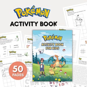 May include: A 50-page Pokémon activity book for kids featuring a colourful cover with Ash Ketchum, Pikachu, and Charizard in a grassy landscape. The book includes various interior activity sheets such as word scrambles, mazes, and grid drawing exercises.