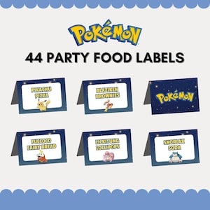 44 etiquetas diferentes para carpas de comida para fiestas de cumpleaños de Pokémon, tarjetas de refrigerio, decoración para fiestas, carpa para el centro de comida, suministros para fiestas, descarga en PDF