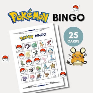 Peut inclure: Un jeu de bingo Pokemon comprenant une carte en papier blanc avec une grille d'illustrations de personnages et d'étiquettes. Le set inclut des marqueurs circulaires rouges et blancs, un cercle bleu avec le texte 25 CARDS et un personnage Dedenne.