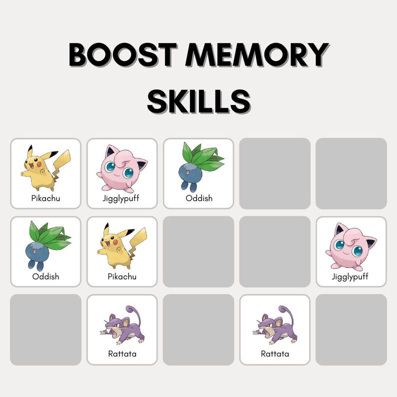 Pokemon Matching Task Pokemon Matching Memory Game for Kids, Printable Preschool Activity ...