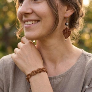 Handmade Macrame Leaf Jewelry Set - Boho Earrings and Bracelet - Natural Brown Fiber Jewelry - Bohemian Gift for Her - Festival Accessories