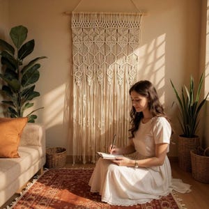 Könnte beinhalten: Ein cremefarbener Makramee-Wandbehang mit geometrischen Mustern hängt über einer Frau, die in ein Notizbuch schreibt. Das Zimmer umfasst auch ein Sofa, Pflanzen und Körbe.
