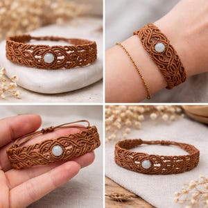 May include: Brown macrame bracelet with a central light-colored stone. The woven design features intricate knotting patterns. The bracelet is displayed on a white stone, a wrist, and a neutral surface, showcasing its details and adjustable closure.