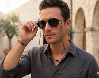 Conjunto de macramé para correa de gafas de hombre, pulsera y collar de piedra de lava, cordón para sujetar gafas de sol, regalo minimalista para él, joyería con cordón ajustable.