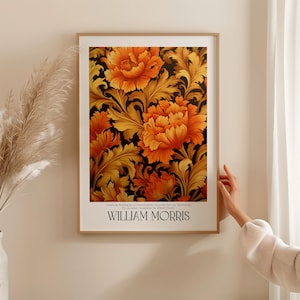 William Morris Inspired Floral Art, Vintage Botanical Print, Orange Flowers Wall Decor, Nature-Inspired Home, Framed Poster