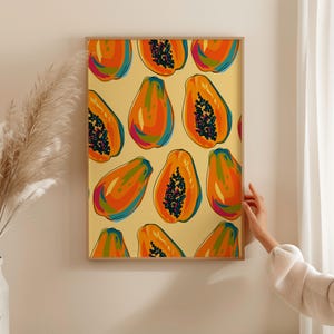 Papaye Pop Art, illustration de fruits vibrants, décoration de cuisine moderne, art mural tropical, couleurs vives, poster encadré