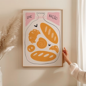 Love Bread, Kitchen Wall Art, Bakery Decor, Modern Food Illustration, Bread Lover Gift, Cute Art Print, Framed Poster