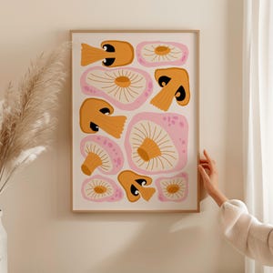 Mushroom Art Print, Botanical Wall Decor, Pink and Orange, Modern Home Decor, Nature Illustration, Framed Poster