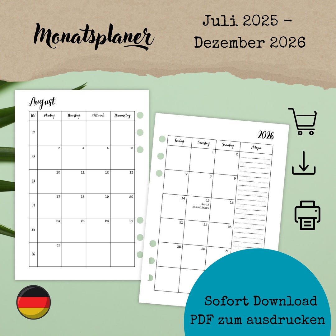 Monthly Planner July 2025-december 2026 to Print, 18 Months, Insert for